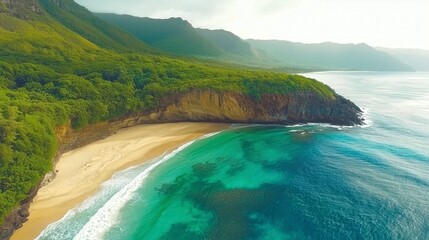 Fototapeta premium A stunning aerial view of a tropical beach surrounded by lush greenery and clear blue waters.