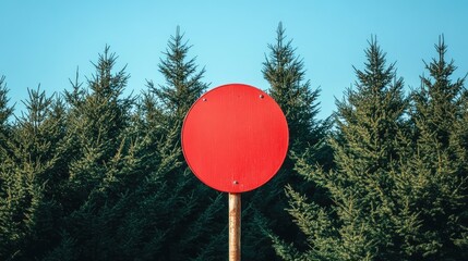 Empty road hazard warning sign in front of a dense forest with a clear blue sky in the background, perfect for cautionary campaigns.