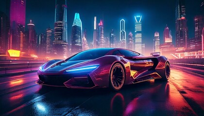 Fototapeta premium sci-fi car with neon underglow, sleek aerodynamic design, driving through a futurist 