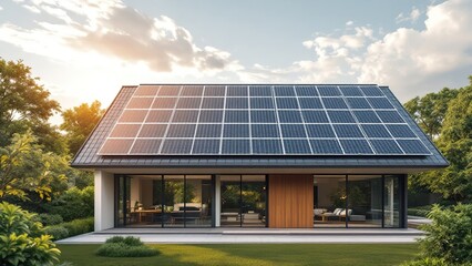 Naklejka premium Modern private home with solar panels on roof, modern solar home among greenery, green energy. Alternative green energy concept 