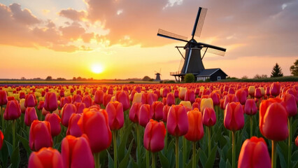 Panoramic view of red tulips and windmill at sunset in Holland
