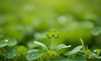 Green clover sprouts with water drops on a green blurred field background with natural sunlight. Natural background with copy space for poster or banner. Traditional Irish symbol. St. Patrick's Day.