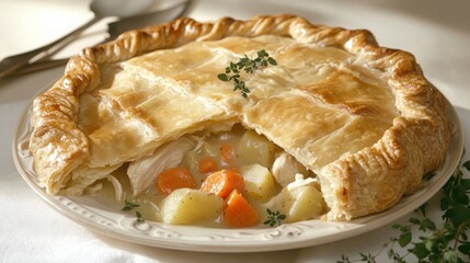 Delicious rustic chicken pot pie with flaky crust and fresh herbs on a table in a warm kitchen setting