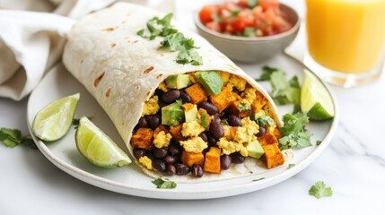 Colorful breakfast burrito filled with scrambled eggs, black beans, sweet potatoes, and fresh vegetables on a plate