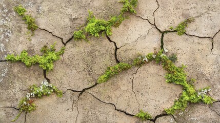 Obraz premium Close-up of weathered concrete wall with intricate cracks, featuring vibrant moss and lichen, emphasizing nature's tenacity amidst urban decay.