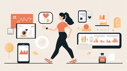 Woman jogging while interacting with health and fitness data on various digital devices