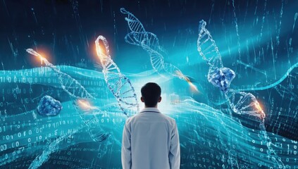 Scientist in a lab coat observes holographic projections of dna double helix structures. Binary code streams. And abstract digital elements. Representing advanced genetic research and biotechnology