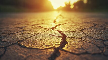 Obraz premium Crack in pavement illuminated by golden hour sunlight, highlighting intricate textures and patterns, evoking a sense of resilience in decay.