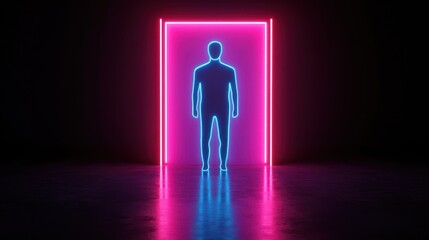 Obraz premium A silhouette stands before a glowing neon doorway, framed by vibrant pink and blue lights, creating a striking, futuristic atmosphere.
