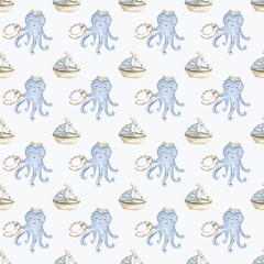 Whimsical marine pattern featuring playful octopuses and boats in baby blue watercolor style