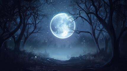 Naklejka premium Full Moon Illuminates a Mystical Winter Forest Path