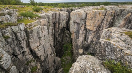 Deep chasm in rugged terrain bordered by ancient rocks, vibrant colors and patterns showcasing nature's untamed allure and mystery.