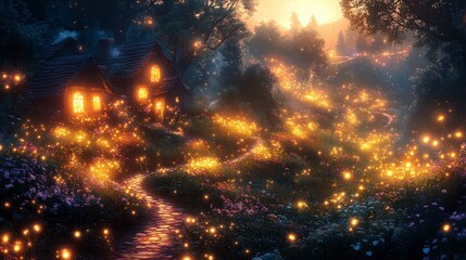 Naklejka premium Enchanting Firefly Village Sunset Path