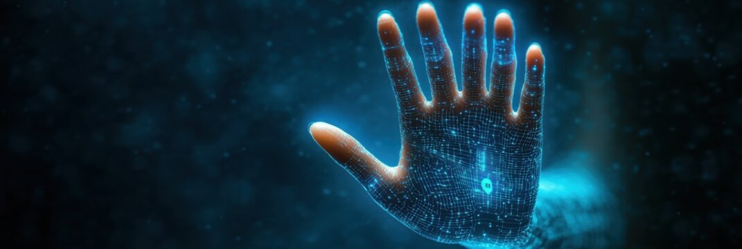 Biometric scanning hand silhouette illuminated by digital patterns in a dark environment