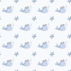 Colorful marine pattern featuring playful whales and starfish in soft blue tones for textile design