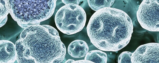 A close-up view of various microscopic cells, showcasing their intricate structures and diverse forms in a vibrant, magnified setting.