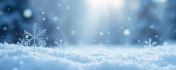 Naklejka premium snowflakes gently fall on a serene winter landscape with soft light blue hues, gentle snowfall, wintry atmosphere, frozen nature