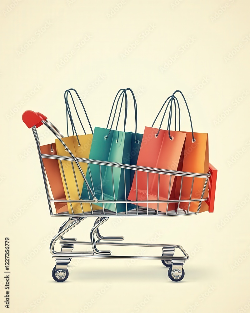 Fototapete a simple, elegant stack of shopping bags in a shopping cart, with each bag in a different color to r
