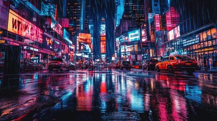 Obraz premium Cyberpunk-inspired cityscape at night, drenched streets glowing with neon reflections from towering skyscrapers