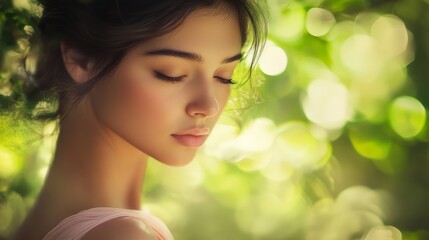 Fototapeta premium Artistic outdoor portrait capturing deep breathing moment, delicate facial features, spring forest environment, dreamy lime green bokeh effect, light pink attire, zen wellness imagery, contemplative