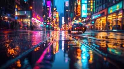 Obraz premium Futuristic city glowing with neon colors, wet streets shimmering with reflections in a sci-fi night scene