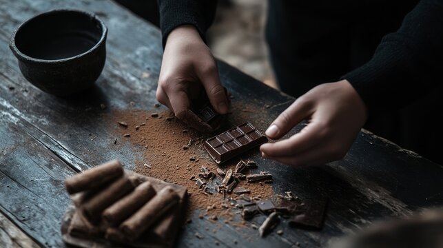 Atmospheric lifestyle photography capturing gentle hand interaction with chocolate bar, black casual attire, rustic wooden table texture, minimalist composition with wafer rolls, moody lighting