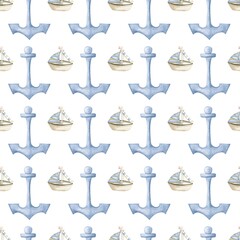 Watercolor marine pattern with boats and anchors in soft baby blue for textile design
