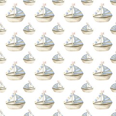 Seamless watercolor print of marine boats in baby blue for textile and packaging design