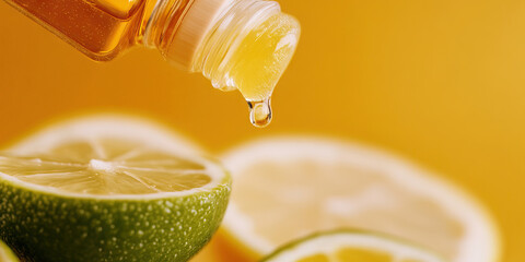 Golden Liquid Dispensing onto Lime with Blurred Lemon Background