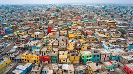 Aerial view of a vibrant urban landscape with colorful houses and rooftops in a bustling city