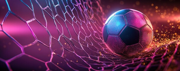 Soccer Ball Hitting Net in Futuristic Cyberpunk Style with Neon Lights and Dynamic Motion