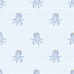 Whimsical watercolor octopus pattern on soft blue background for fabric and wrapping design