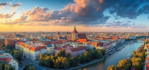 Aerial View of Wroclaw City Centre During Golden Hour with Historical and Modern Architecture