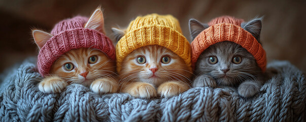 Fototapeta premium ニット帽を被った猫たち