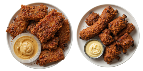 crispy fried ribs with cajun spices and  roasted garlic dipping sauce – top view on white plate







