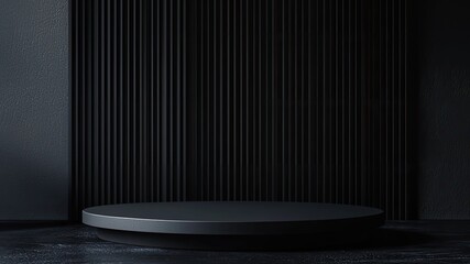 Black pedestal on black background. Empty Gallery room