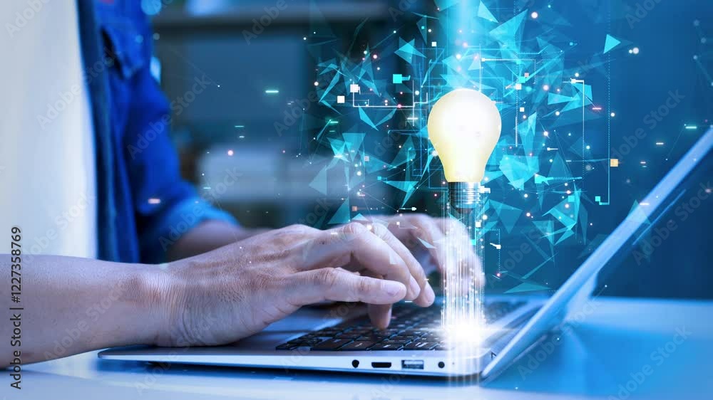Poster Hands typing on a laptop with a glowing lightbulb and futuristic digital elements, symbolizing innovation, creativity, and technology-driven ideas.