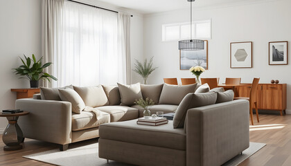 Side angle of a corner sofa with pillows, table and dining table with chairs behind in a bright living room interior , with white tonespng