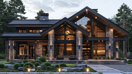 Fototapeta premium Modern wooden house with large windows surrounded by greenery and a serene landscape at dusk
