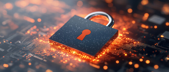 digital padlock symbolizes security and protection in tech environment, surrounded by glowing data elements. This conveys sense of safety and trust in digital transactions