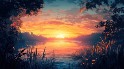 Fototapeta premium Serene Sunset Over a Calm Lake Landscape