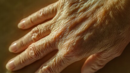 Fototapeta premium Dermatology documentation featuring skin texture detail, intimate macro perspective, salmon-colored irritation area, examining hand placement, neutral background elements, medical assessment