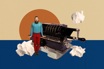 Trend artwork collage template composite sketch of young man stand confused huge obsolete count...