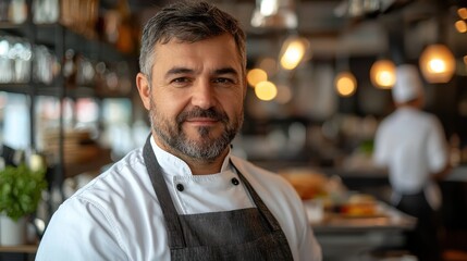 Culinary masterclass chef portrait in modern restaurant professional photography warm environment close-up view