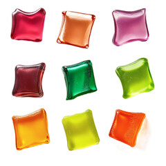 Different colors and shapes in square bubbles on transparent background
