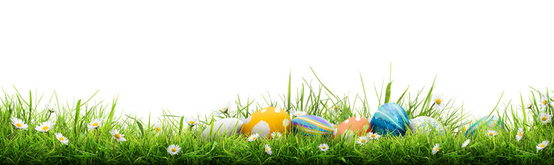 A collection of painted easter eggs celebrating a Happy Easter lying in green meadow grass against an isolated transparent background.