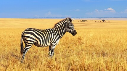 Majestic zebra standing in golden grasslands under a clear blue sky in the savannah