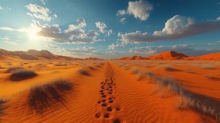 Naklejka premium Footprints in the Desert Sand A Journey Through a Vast and Arid Landscape