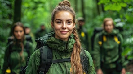 Woman leads hiking group through forest