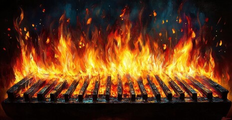 Grill with Flames Dancing Over Barbecue Grill on Black Background